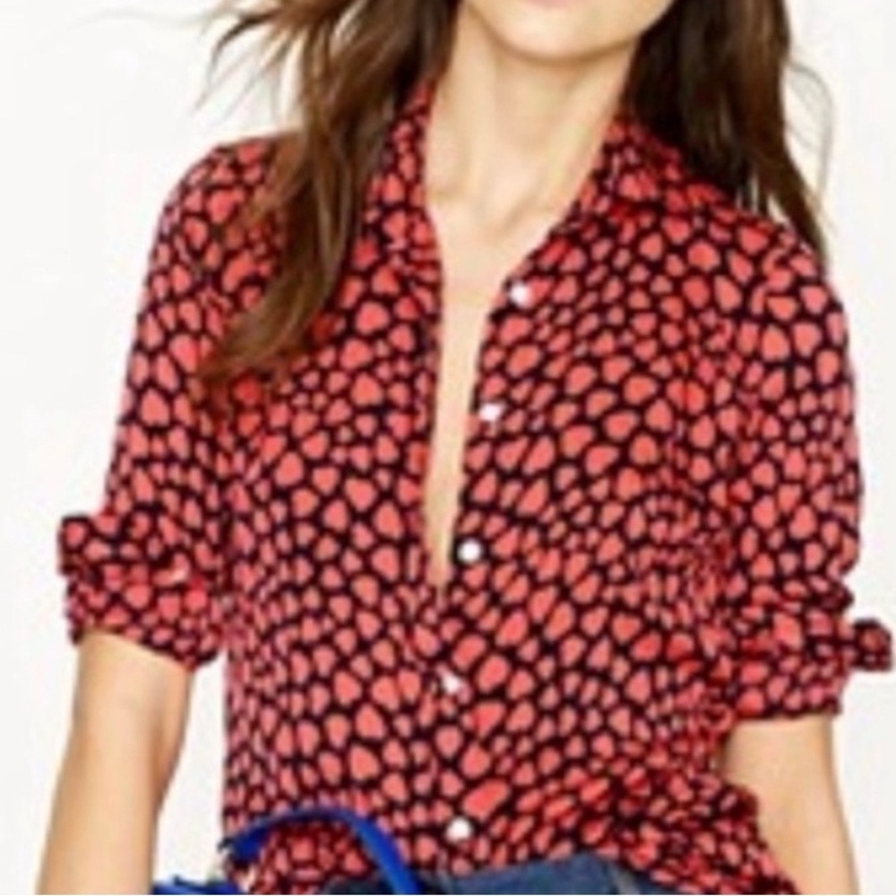 J. CREW silk button blouse, black with red hearts